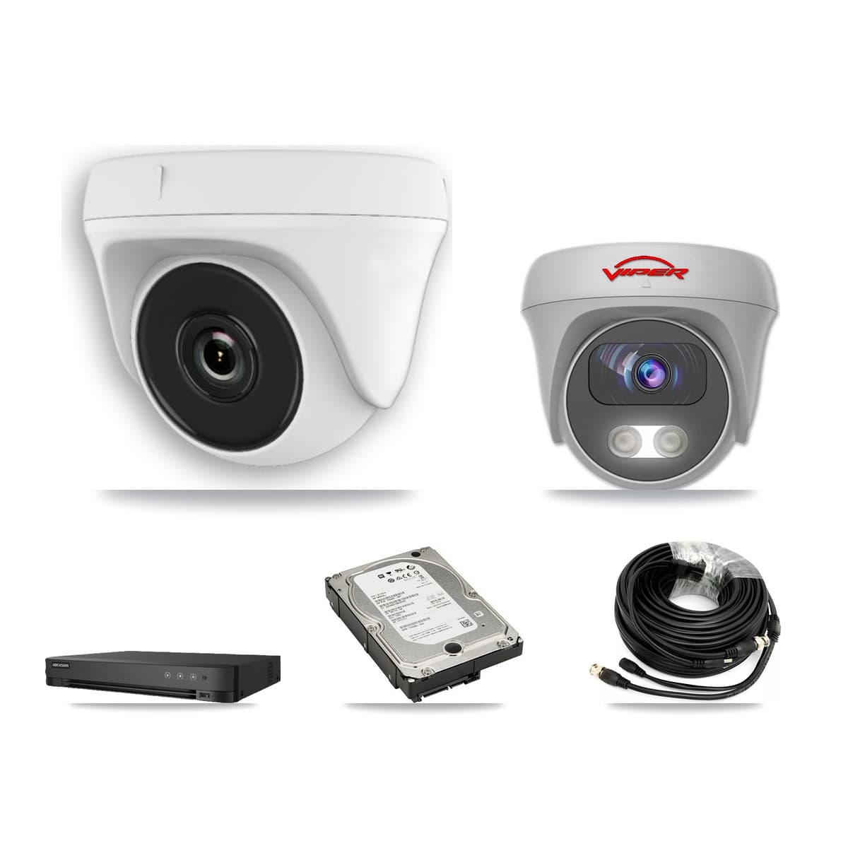 Viper & Hikvision 8-Channel 2MP – 5MP CCTV Kit — 5 White HDT-2MP-N20W-2.8MM 2MP Dome + 1 White VIPER-5MP-3K-AOC-WHITE-2.8MM 5MP Cameras + 5TB Recording (IDS-7208HUHI-M1/E Recorder)