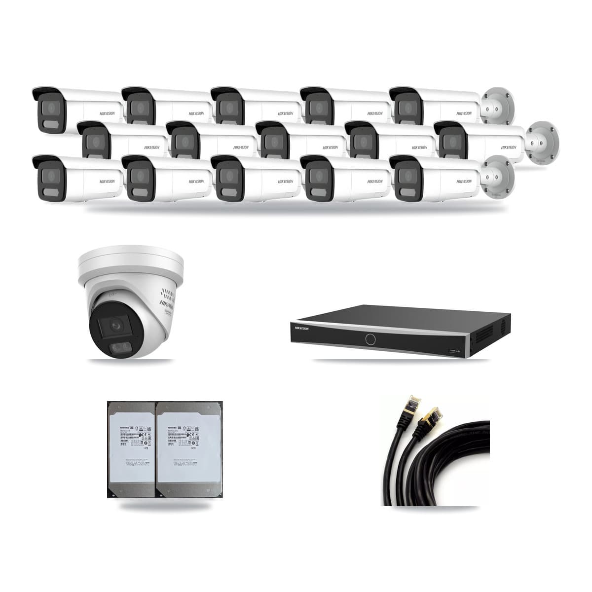Hikvision 16-Channel 4MP CCTV Kit — 1 DS-2CD2347G3 Turret + 15 DS-2CD2T47G2H Bullet Cameras + 2× 14TB Recording - Image 1