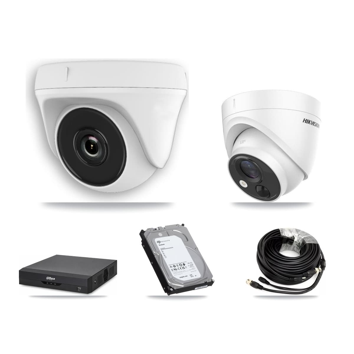 Hikvision & Dahua 4-Channel 2MP – 5MP CCTV Kit — 1 DS-2CE71H0T 5MP Turret + 3 White HDT-2MP-N20W 2MP Dome Cameras + 6TB Recording - Image 1