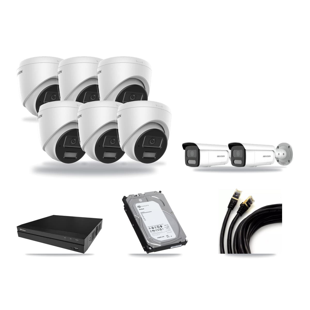 Hikvision & Prolux 8-Channel 4MP CCTV Kit — 6 DS-2CD1343G2 Turret + 2 DS-2CD2T47G2H Bullet Cameras + 6TB Recording - Image 1