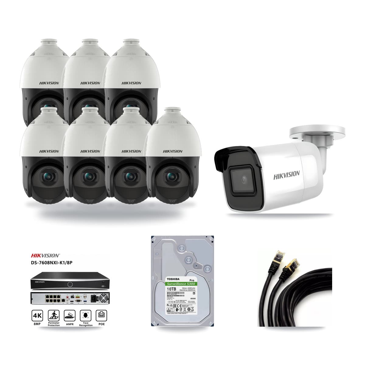 Hikvision 8-Channel 4MP – 4K CCTV Kit — 1 4K Bullet + 7 4MP PTZ Cameras + 10TB Recording - Image 1
