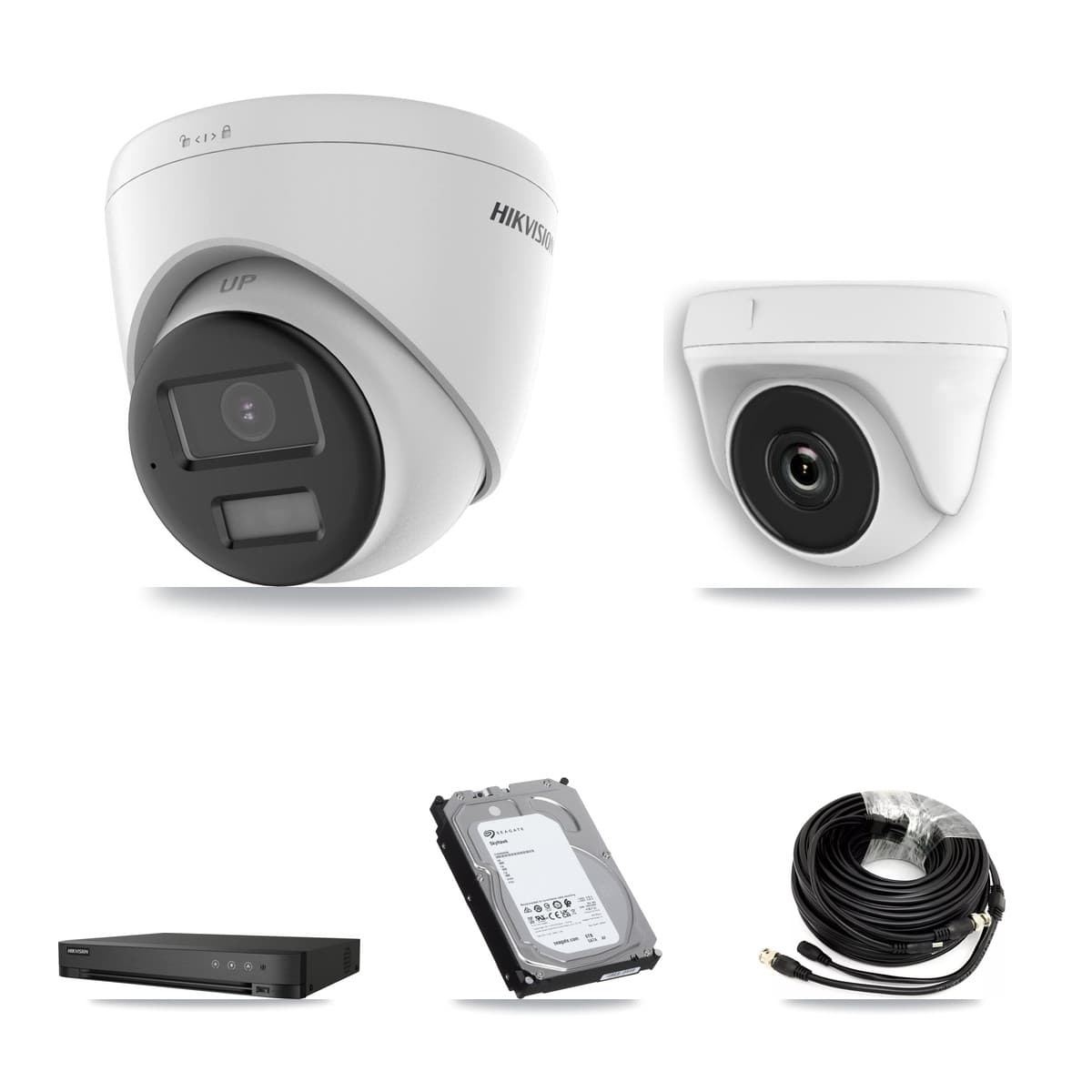 Hikvision 4-Channel 2MP – 5MP CCTV Kit — 3 DS-2CE78K0T 5MP Turret + 1 White HDT-2MP-N20W 2MP Dome Cameras + 6TB Recording (IDS-7204HQHI Recorder)