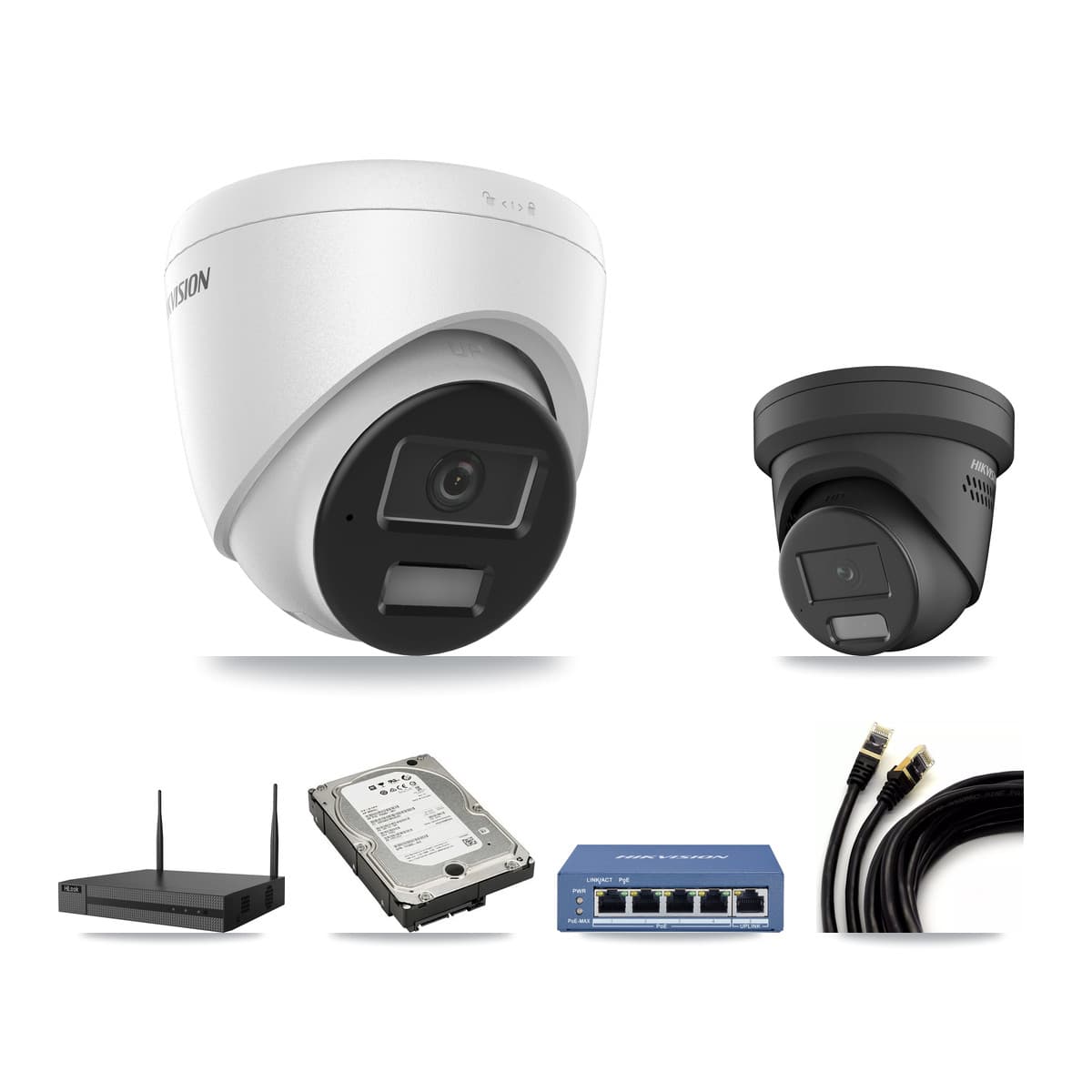 Hikvision & HiLook 4-Channel 4MP CCTV Kit — 3 DS-2CD1343G2 + 1 DS-2CD2347G2 Turret Cameras + 5TB Recording