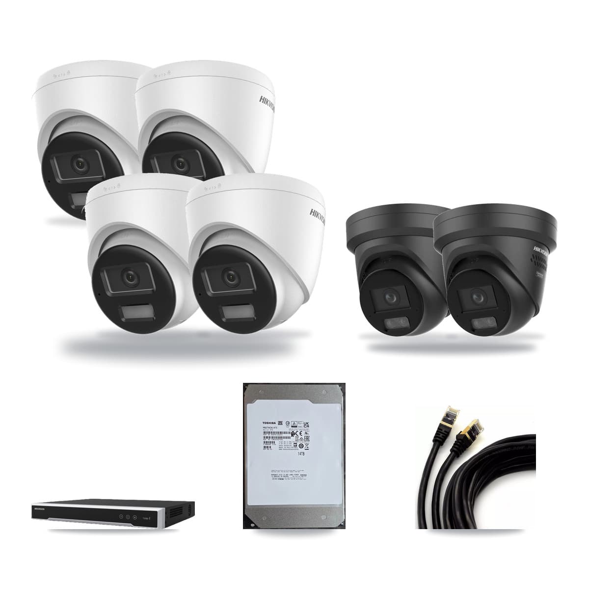 Hikvision 8-Channel 4K CCTV Kit — 4 DS-2CD1383G2 + 2 Black DS-2CD2387G3 Turret Cameras + 14TB Recording - Image 1