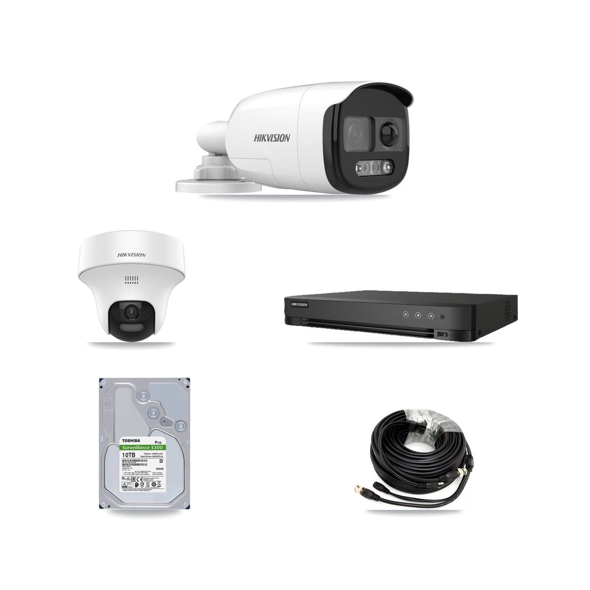 Hikvision 8-Channel 5MP CCTV Kit — 7 DS-2CE12KF3T-PIRXO Bullet + 1 DS-2CE70K0T-PTLTS Turret Cameras + 10TB Recording (IDS-7208HUHI-M1/E Recorder)