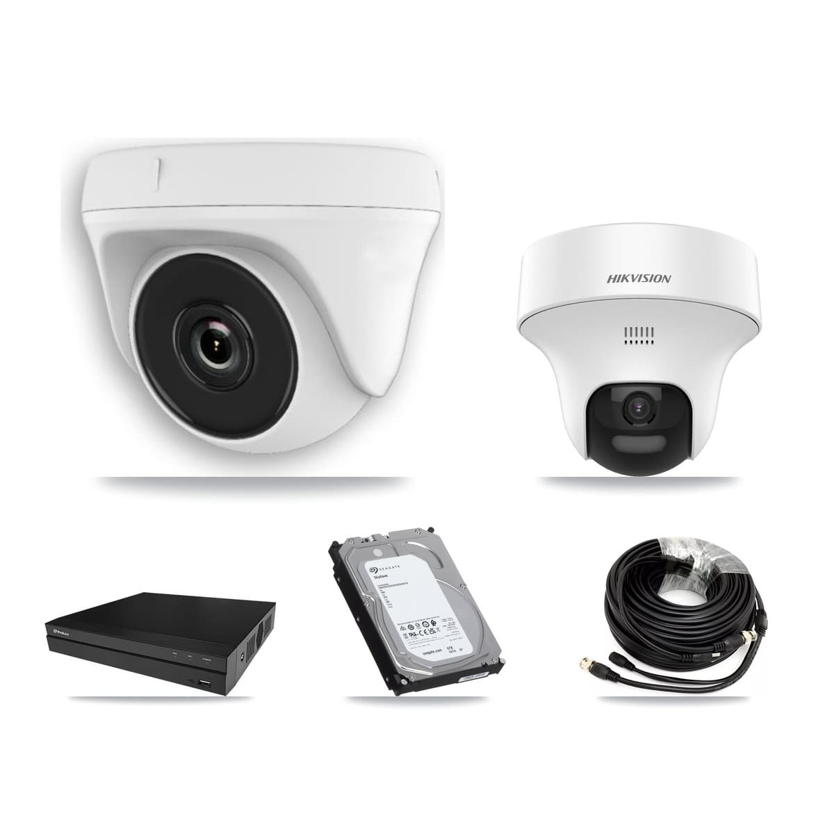 Hikvision & Prolux 8-Channel 2MP – 5MP CCTV Kit — 1 DS-2CE70K0T 5MP Turret + 7 White HDT-2MP-N20W 2MP Dome Cameras + 6TB Recording (PXD-5208AN Recorder)