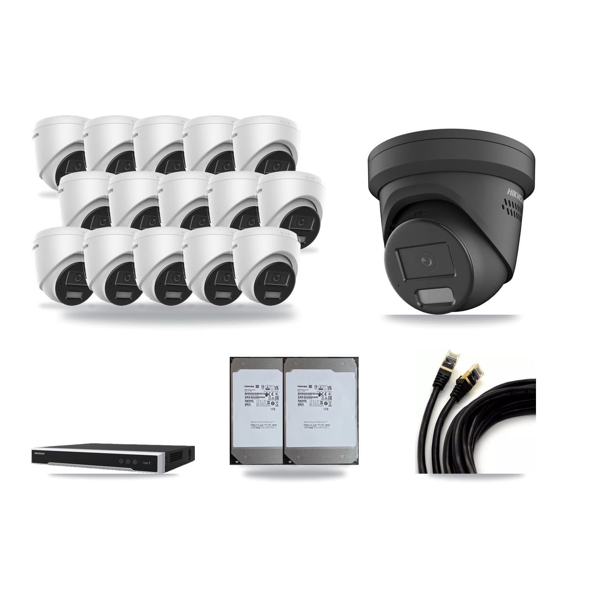Hikvision 16-Channel 4MP CCTV Kit — 15 DS-2CD1343G2 + 1 Black DS-2CD2347G2 Turret Cameras + 2× 14TB Recording (DS-7616NI-M2 Recorder) - Image 1