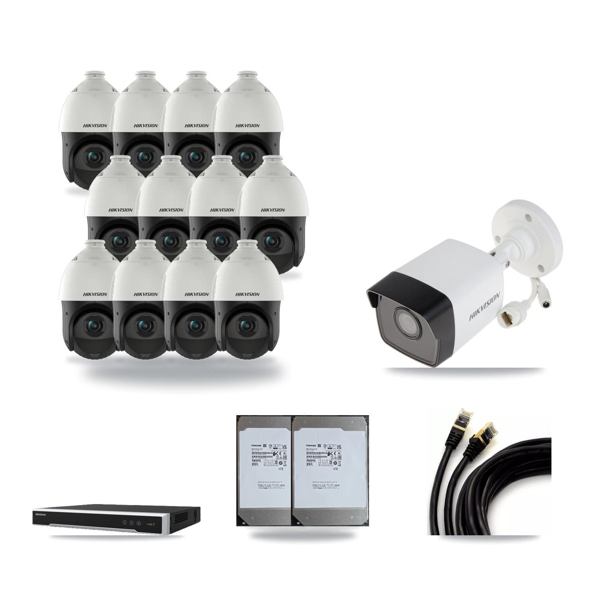 Hikvision 16-Channel 4MP – 5MP CCTV Kit — 1 5MP Bullet + 12 4MP PTZ Cameras + 2× 14TB Recording (DS-7616NI-M2 Recorder) - Image 1