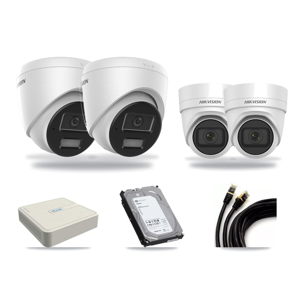 Hikvision & HiLook 8-Channel 4MP CCTV Kit — 2 DS-2CD1343G2 + 2 DS-2CD2H45FWD Turret Cameras + 6TB Recording - Image 1