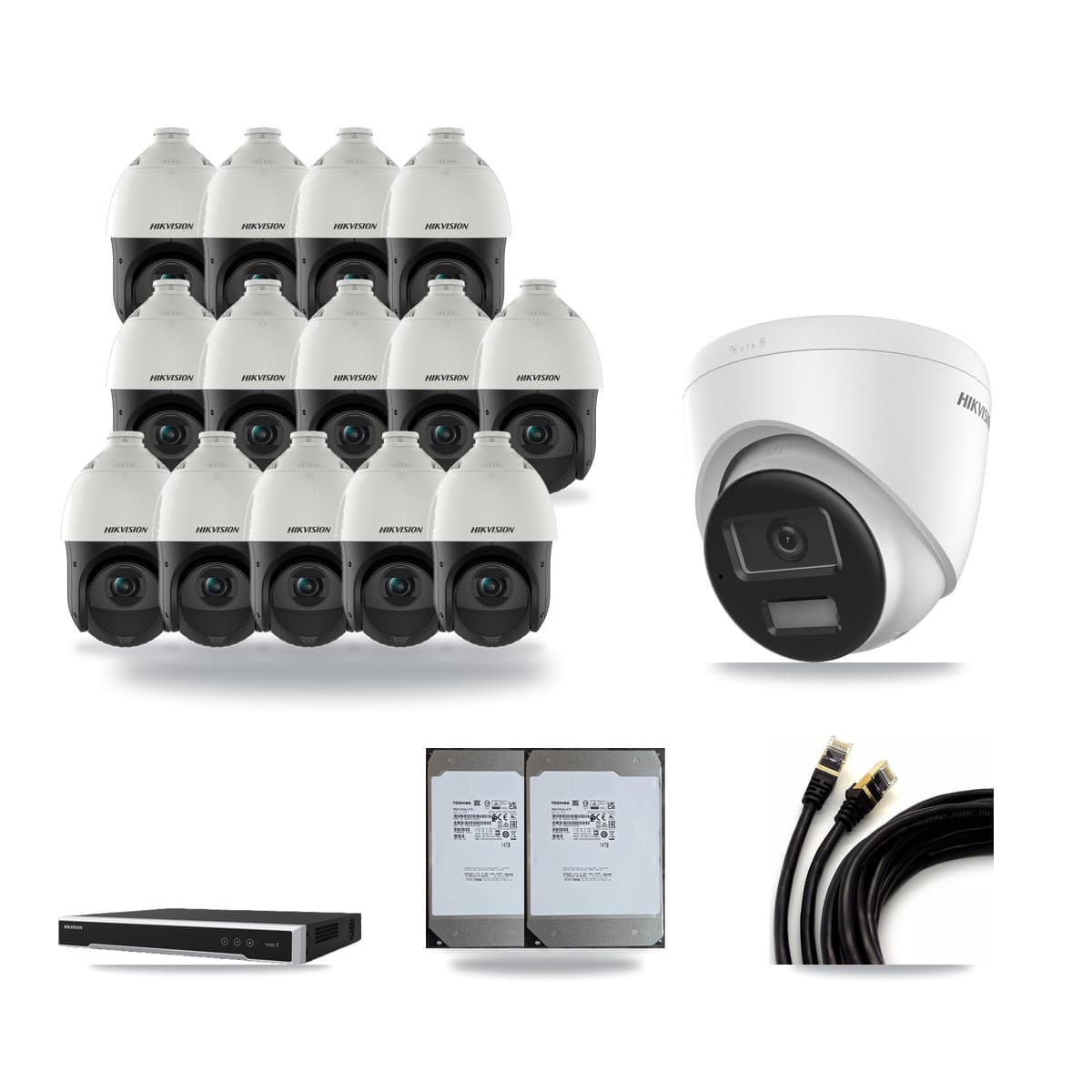 Hikvision 16-Channel 4MP – 4K CCTV Kit — 1 4K Turret + 14 4MP PTZ Cameras + 2× 14TB Recording (DS-7616NI-M2 Recorder) - Image 1