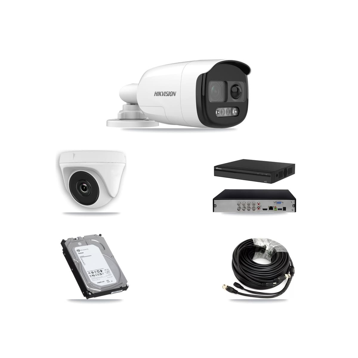 Hikvision & Prolux 8-Channel 2MP – 5MP CCTV Kit — 3 DS-2CE12KF3T 5MP Bullet + 3 White HDT-2MP-N20W 2MP Dome Cameras + 6TB Recording (PXD-5108HS Recorder)