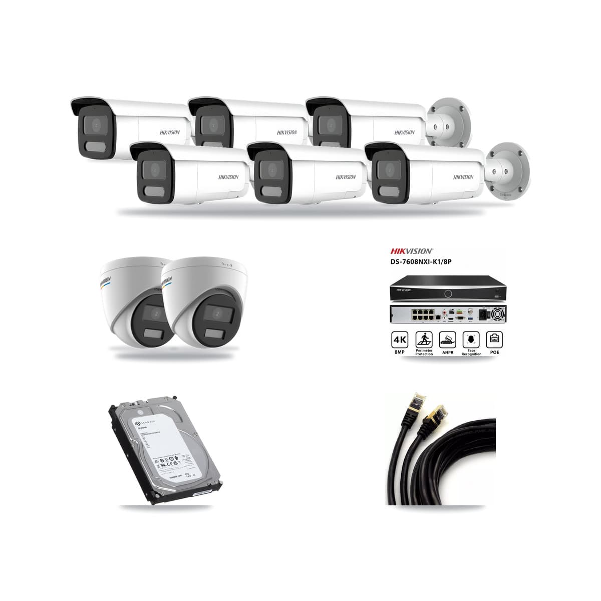 Hikvision 8-Channel 2MP – 4MP CCTV Kit — 2 2MP Turret + 6 4MP Bullet Cameras + 6TB Recording (DS-7608NXI Recorder) - Image 1