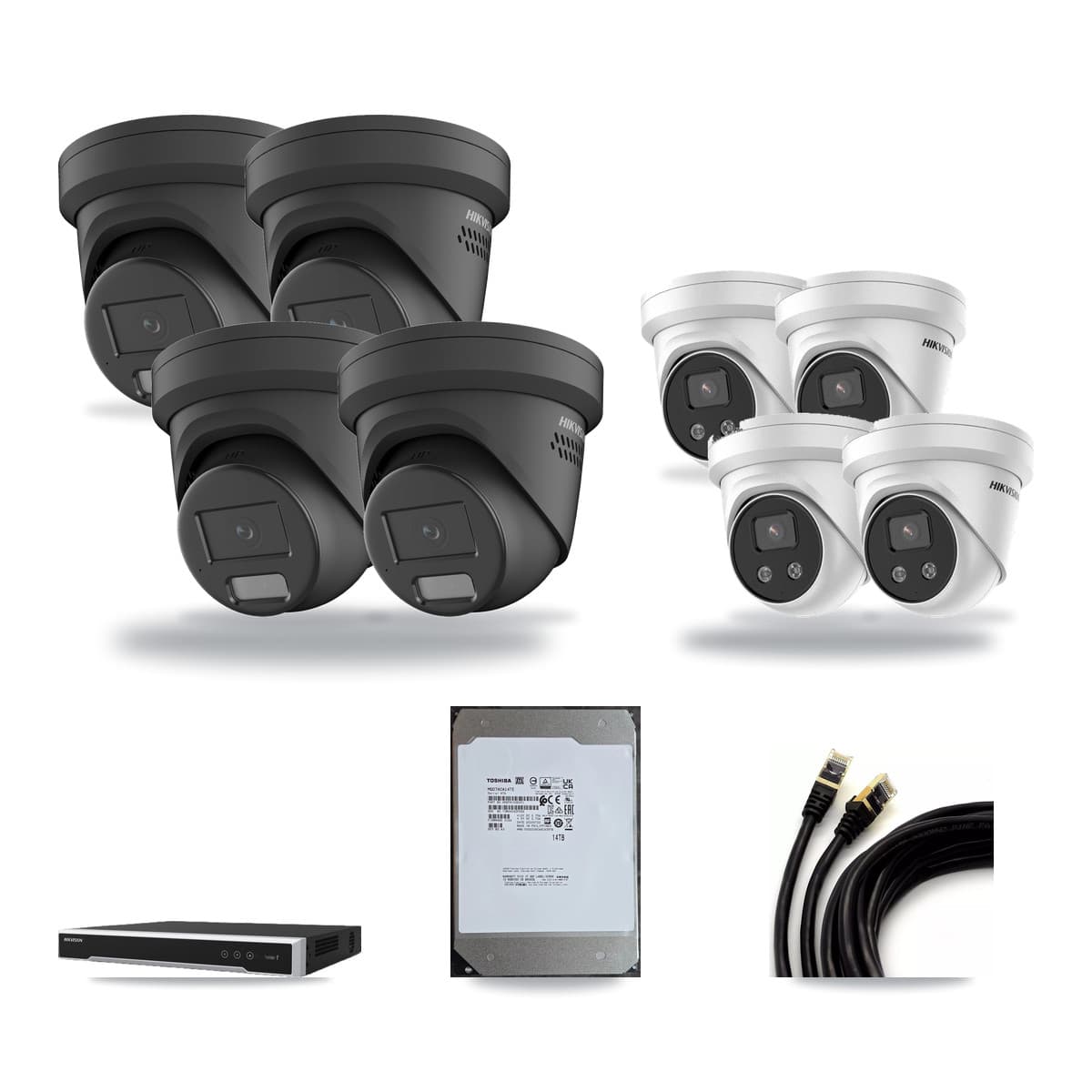 Hikvision 16-Channel 4MP – 5MP CCTV Kit — 4 Black 4MP + 4 5MP Turret Cameras + 14TB Recording (DS-7616NI-M2 Recorder) - Image 1
