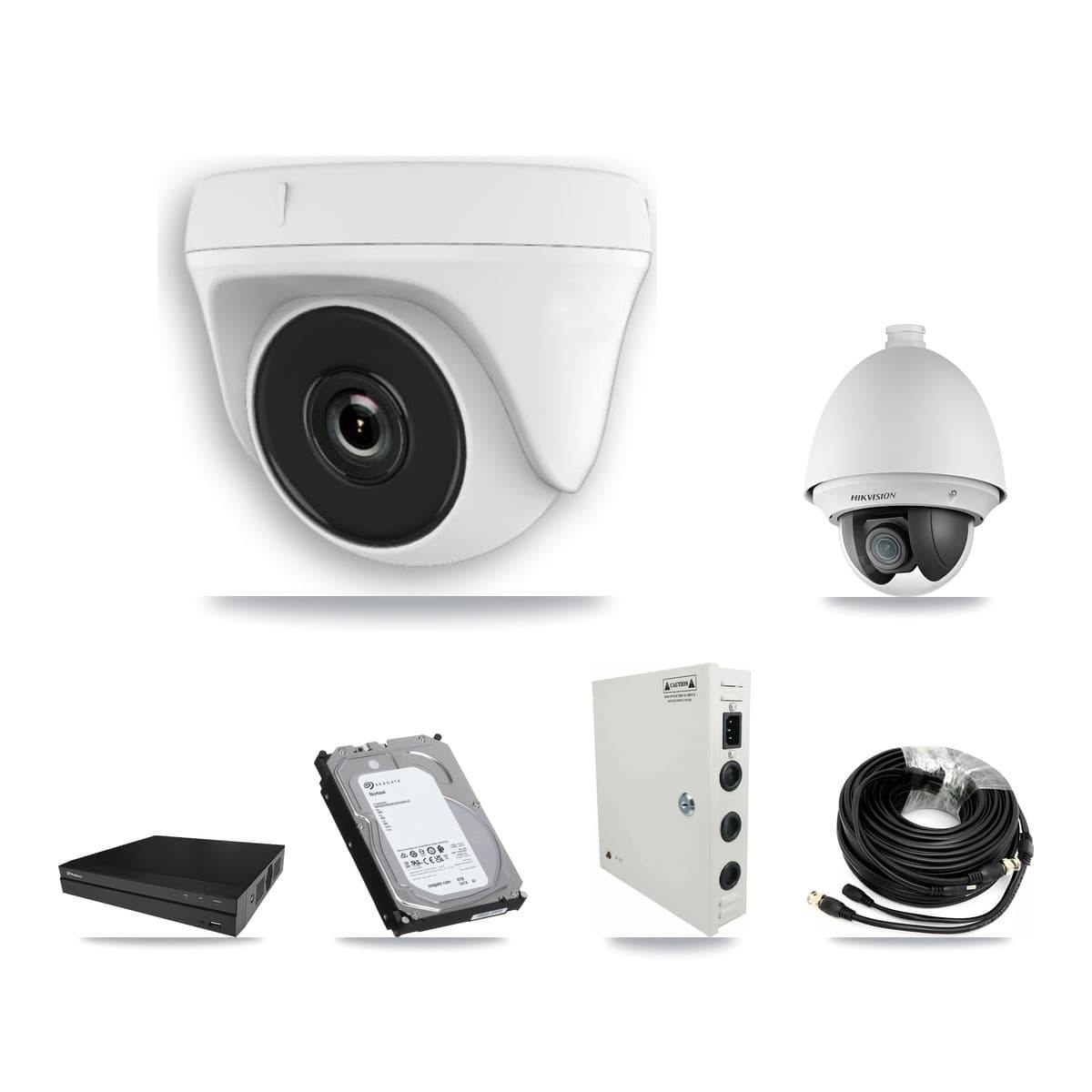Hikvision & Prolux 8-Channel 2MP CCTV Kit — 1 DS-2AE4225T PTZ + 7 White HDT-2MP-N20W Dome Cameras + 6TB Recording