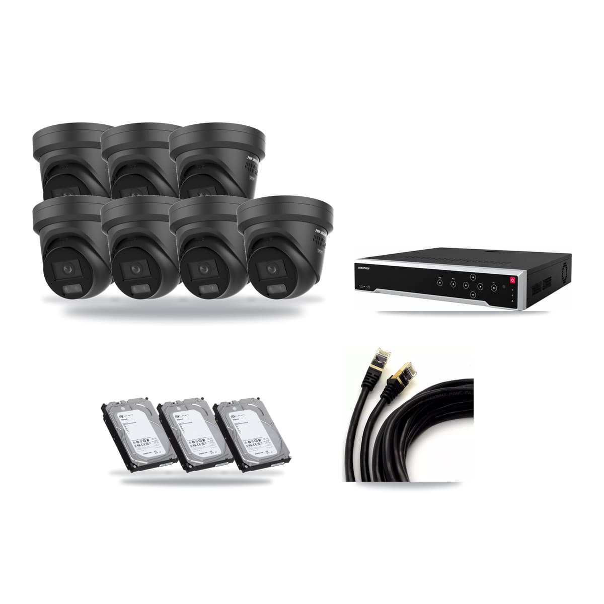 Hikvision 32-Channel 4K CCTV Kit — 7 Black DS-2CD2387G3 Turret Cameras + 3× 6TB Recording - Image 1
