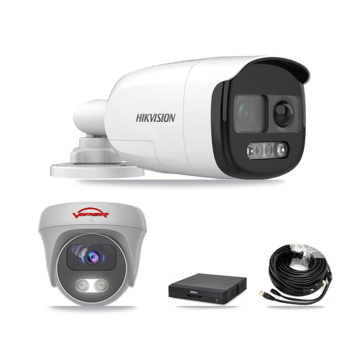 4-Channel 5MP CCTV Kit — 1 DS-2CE12KF3T Bullet + 1 White VIPER-5MP-3K Cameras + 3TB Recording (DH-XVR5104HS Recorder) - Image 1