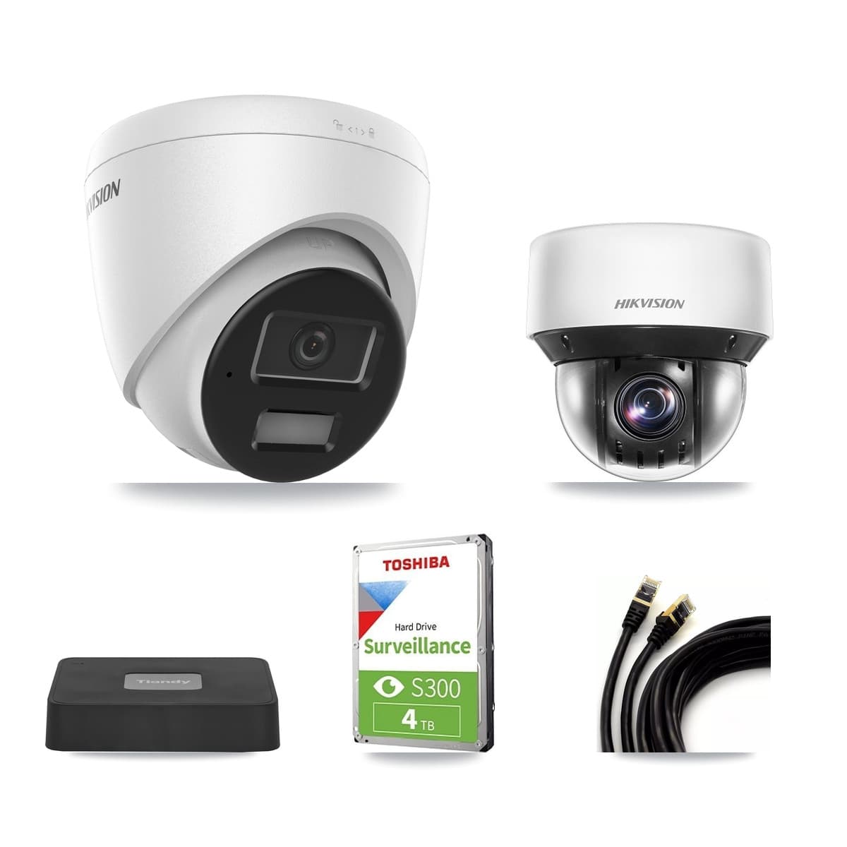 Hikvision & Tiandy 4-Channel 4MP CCTV Kit — 2 DS-2CD1343G2 Turret + 1 DS-2DE4A425IW PTZ Cameras + 4TB Recording - Image 1
