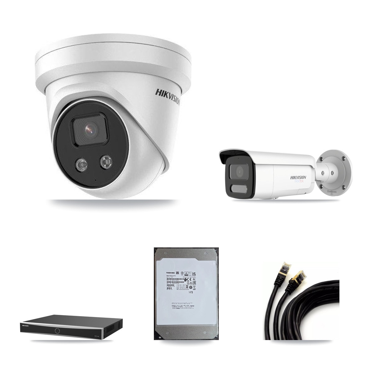 Hikvision DS-7616NXI-K2/16P(E) 16-Channel NVR CCTV Kit — 1× DS-2CD2T87G2H-LISU/SL-2.8MM-W White 4K Bullet + 15× DS-2CD3356G2-ISU 5MP Turret Cameras + 14TB HDD