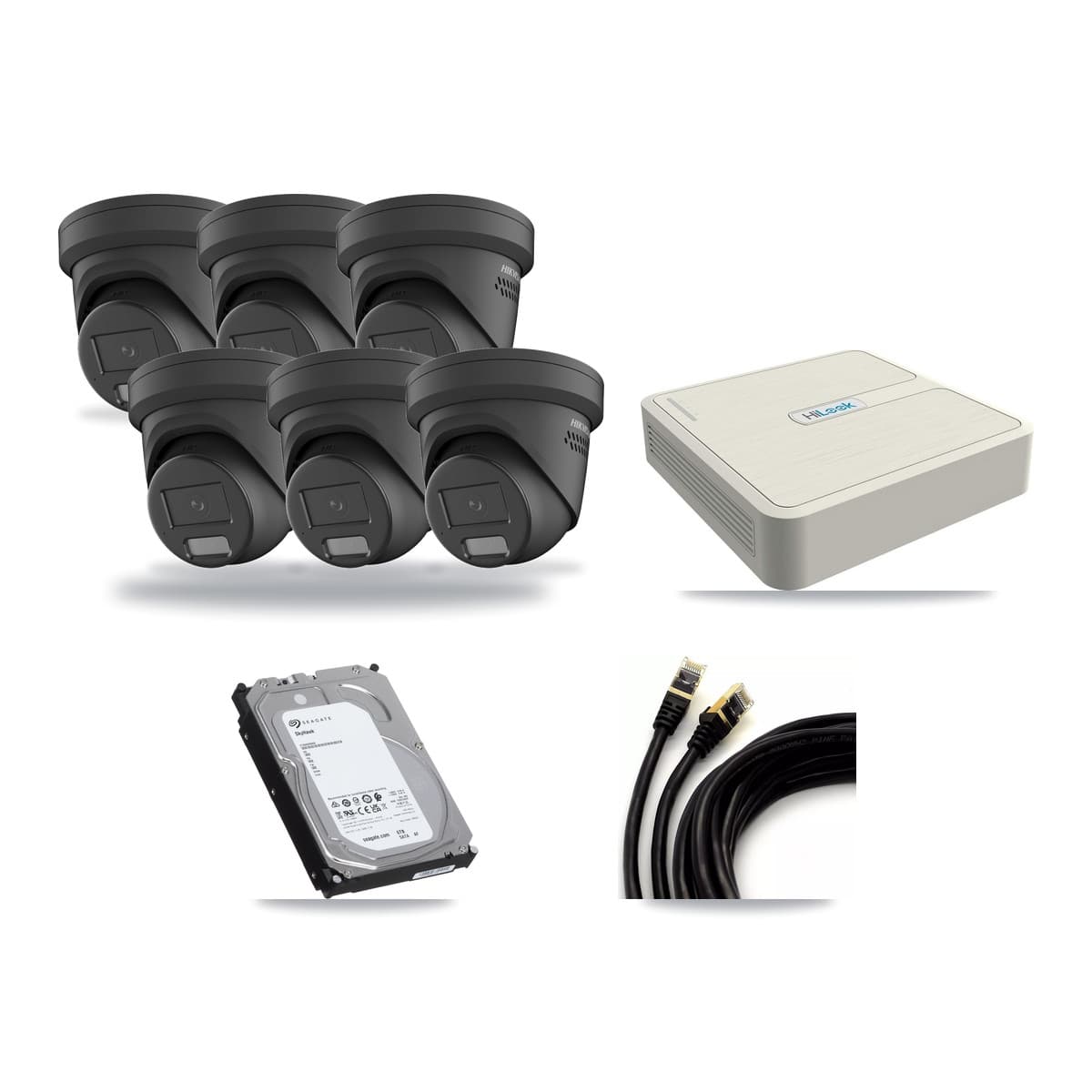 Hikvision & HiLook 8-Channel 4MP CCTV Kit — 6 Black Turret Cameras + 6TB Recording (NVR-108H-D Recorder) - Image 1