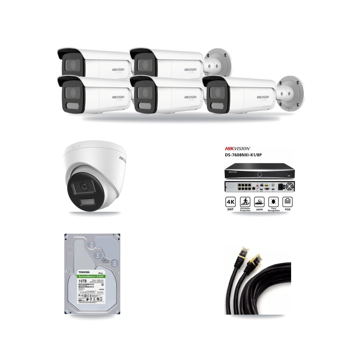 Hikvision 8-Channel 4K CCTV Kit — 1 DS-2CD1383G2-LIUF/SL Turret + 5 White DS-2CD2T87G2H-LISU/SL-2.8MM-W Bullet Cameras + 10TB Recording (DS-7608NXI-K1/8P Recorder) - Image 1