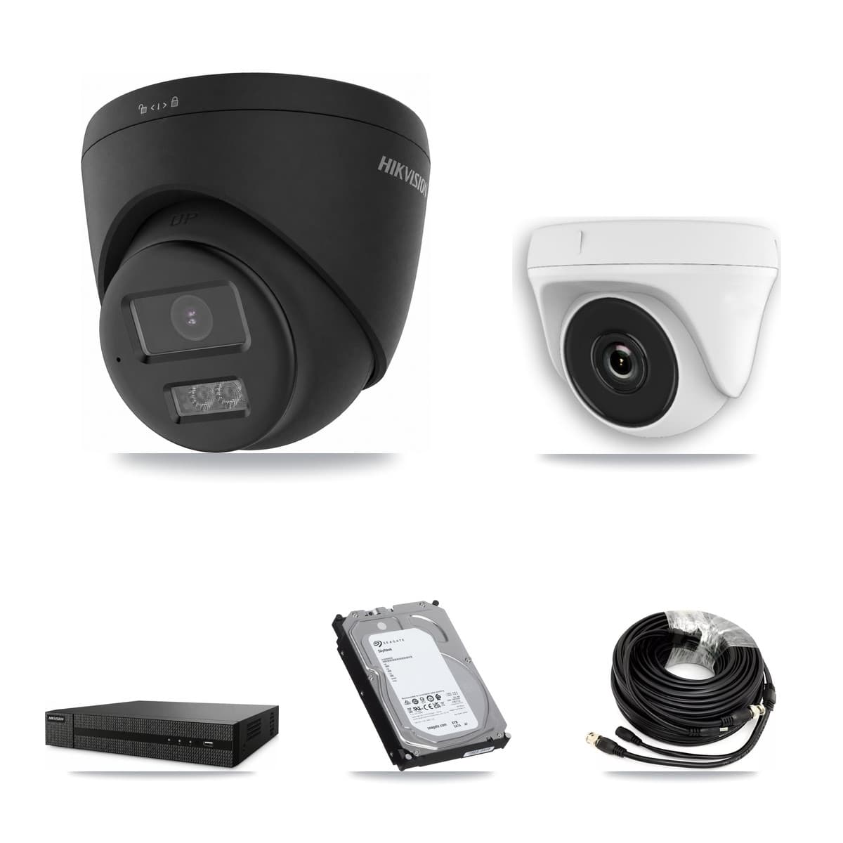 Hikvision 8-Channel 2MP – 4K CCTV Kit — 2 Black 4K Turret + 2 White 2MP Dome Cameras + 6TB Recording (DVR-8CH Recorder)