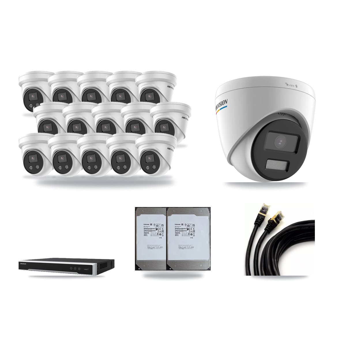 Hikvision 16-Channel 2MP – 5MP CCTV Kit — 1 2MP + 15 5MP Turret Cameras + 2× 14TB Recording (DS-7616NI-M2 Recorder) - Image 1