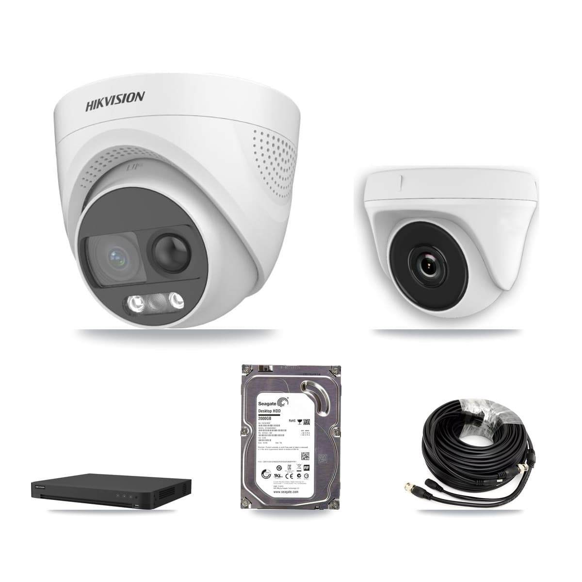 Hikvision 32-Channel 2MP – 5MP CCTV Kit — 1 DS-2CE72KF3T 5MP Turret + 1 White HDT-2MP-N20W 2MP Dome Cameras + 2TB Recording (IDS-7232HQHI Recorder)