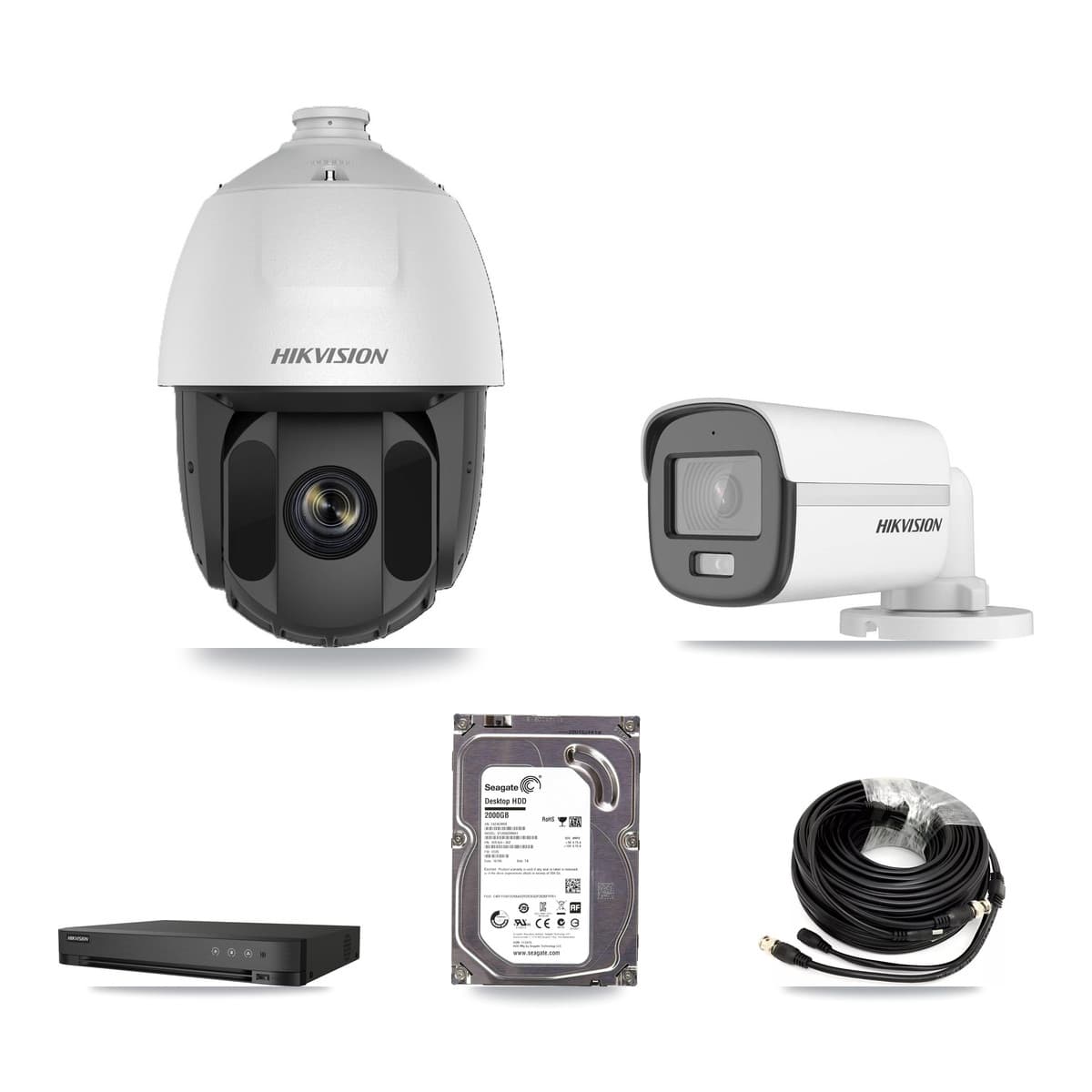 Hikvision 4-Channel 2MP – 5MP CCTV Kit — 1 DS-2AE5225TI 2MP PTZ + 1 DS-2CE12KF0T 5MP Bullet Cameras + 2TB Recording (IDS-7204HQHI Recorder) - Image 1