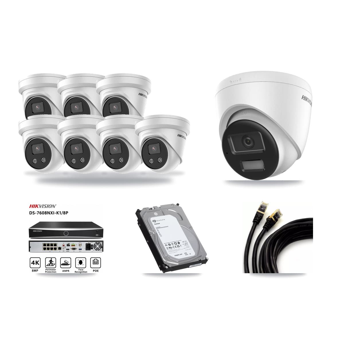 Hikvision 8-Channel 5MP – 4K CCTV Kit — 1 DS-2CD1383G2-LIUF/SL 4K + 7 DS-2CD3356G2-ISU 5MP Turret Cameras + 6TB Recording (DS-7608NXI-K1/8P Recorder) - Image 1