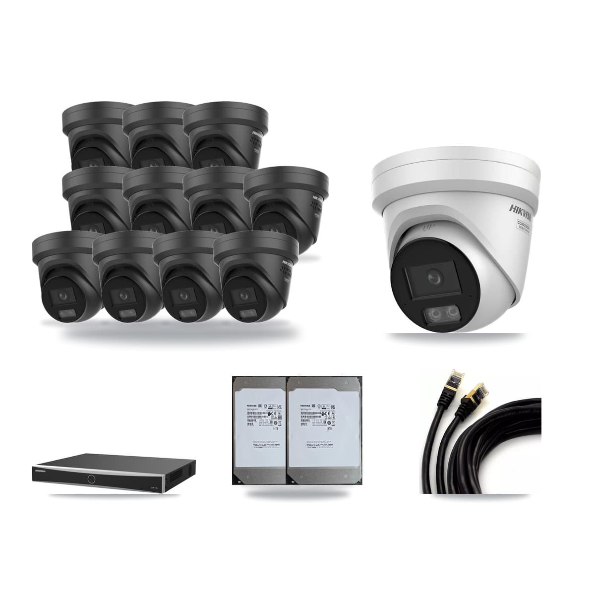 Hikvision 16-channel CCTV kit: 12 cameras (11× 4K Black Turret + 1× 4K Turret), 2× 14TB hard drive