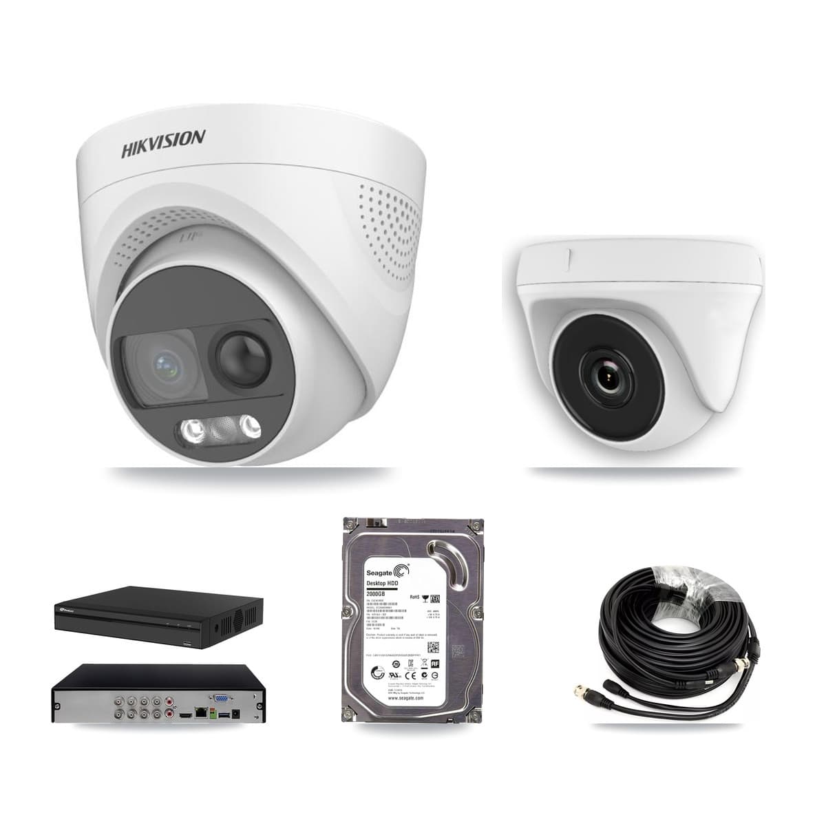 Hikvision & Prolux 8-Channel 2MP – 5MP CCTV Kit — 1 DS-2CE72KF3T 5MP Turret + 1 White HDT-2MP-N20W 2MP Dome Cameras + 2TB Recording (PXD-5108HS Recorder) - Image 1