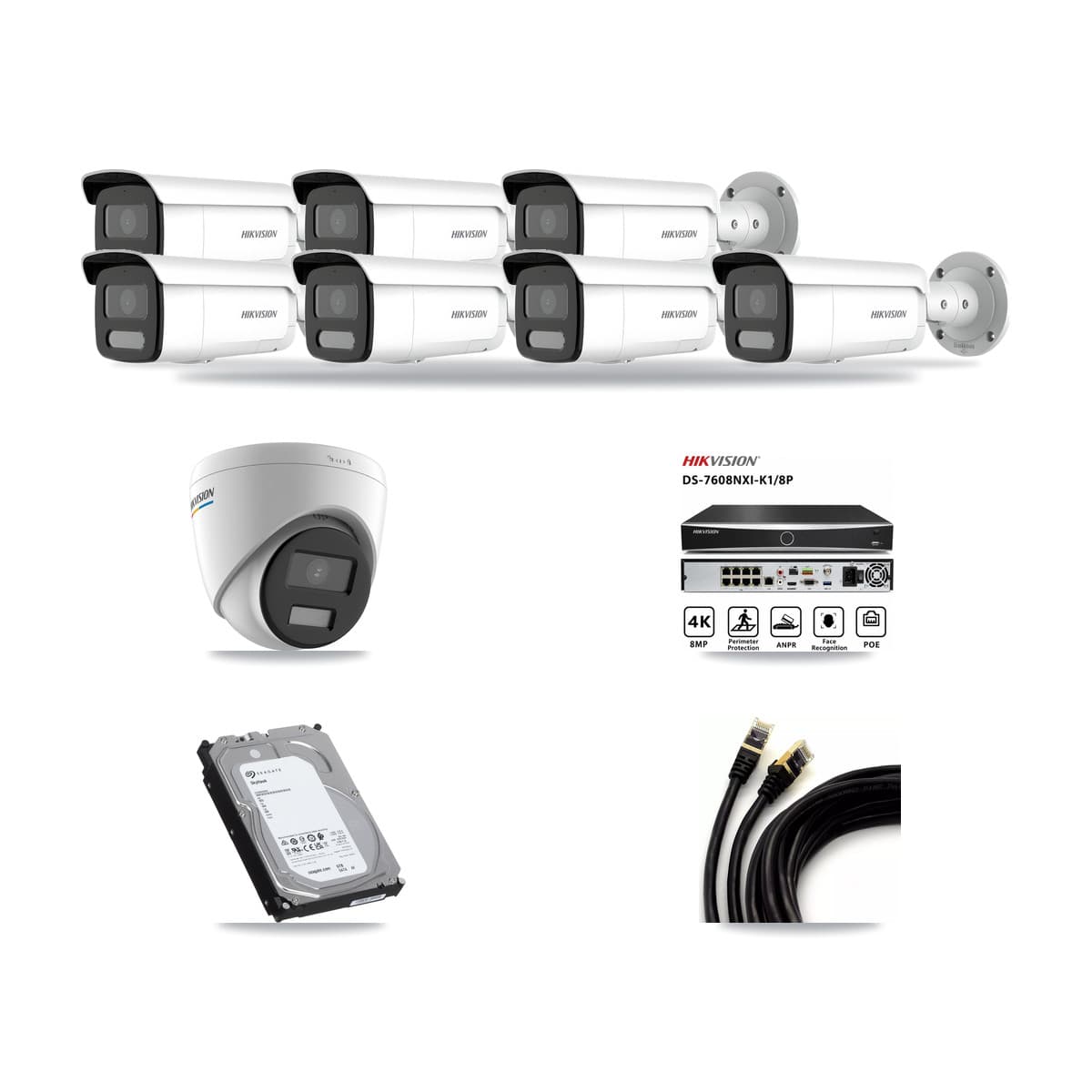 Hikvision 8-Channel 2MP – 4MP CCTV Kit — 1 2MP Turret + 7 4MP Bullet Cameras + 6TB Recording (DS-7608NXI Recorder) - Image 1