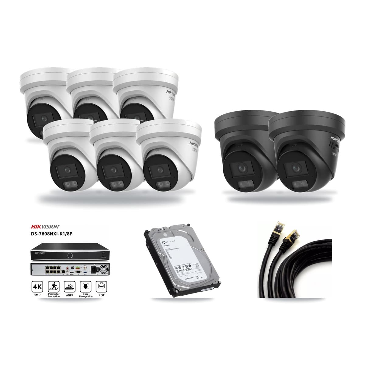 Hikvision 8-channel CCTV kit: 8 cameras (6× 4K Turret + 2× 4K Black Turret), 6TB hard drive