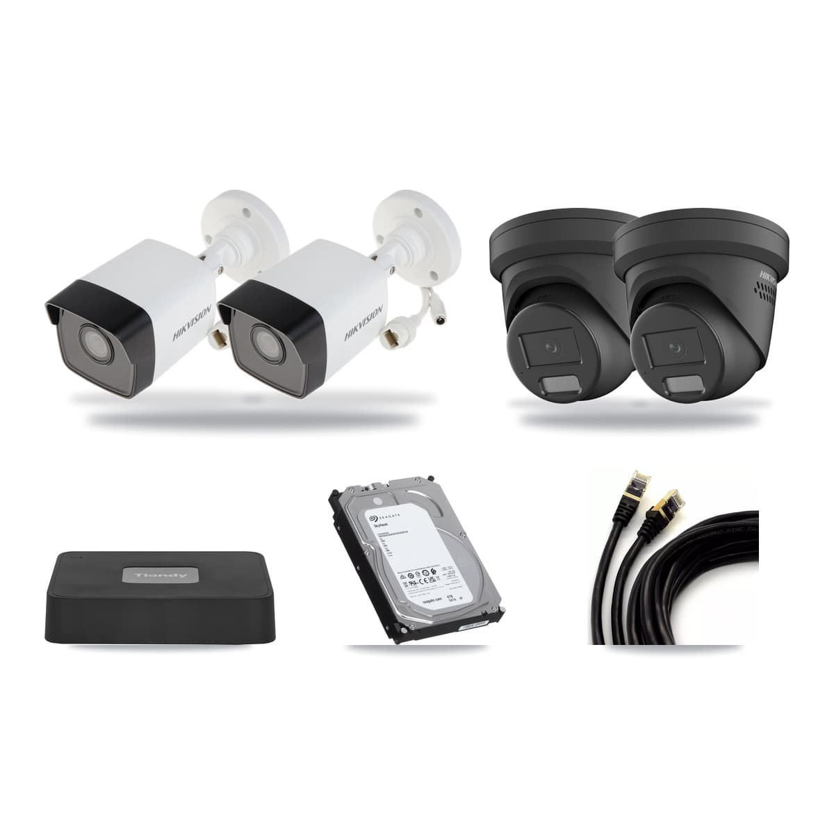 Tiandy 4-channel CCTV kit: 4 cameras (2× 5MP Bullet + 2× 4MP Turret), 6TB hard drive