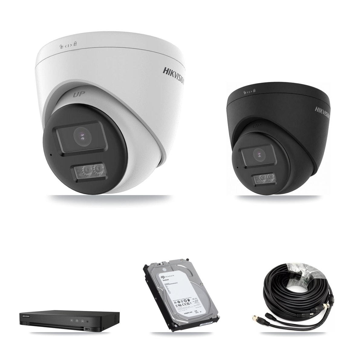 Hikvision 4-Channel 5MP – 4K CCTV Kit — 1 DS-2CE78K0T-LTS 5MP + 1 Black DS-2CE78U0T-LTS-BLACK 4K Turret Cameras + 6TB Recording (IDS-7204HUHI-M1/XT Recorder)