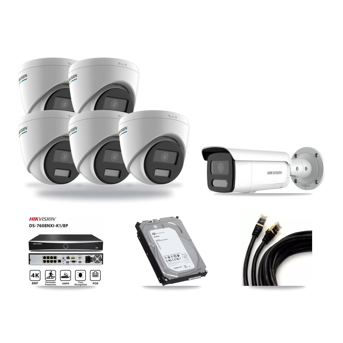 Hikvision 8-Channel 2MP – 4MP CCTV Kit — 5 2MP Turret + 1 4MP Bullet Cameras + 6TB Recording (DS-7608NXI Recorder) - Image 1