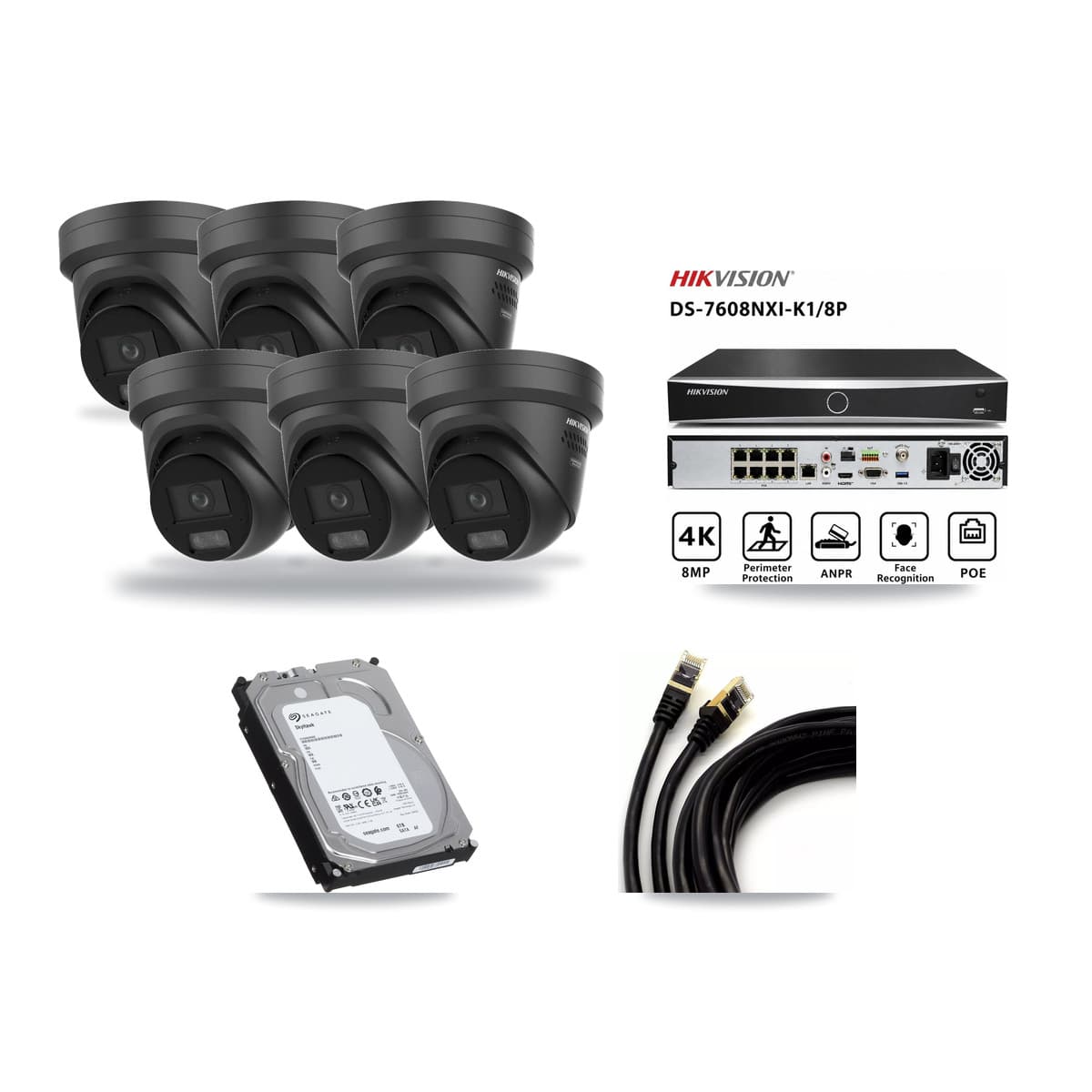 Hikvision 8-Channel 4K CCTV Kit — 6 Black Turret Cameras + 6TB Recording (DS-7608NXI Recorder) - Image 1