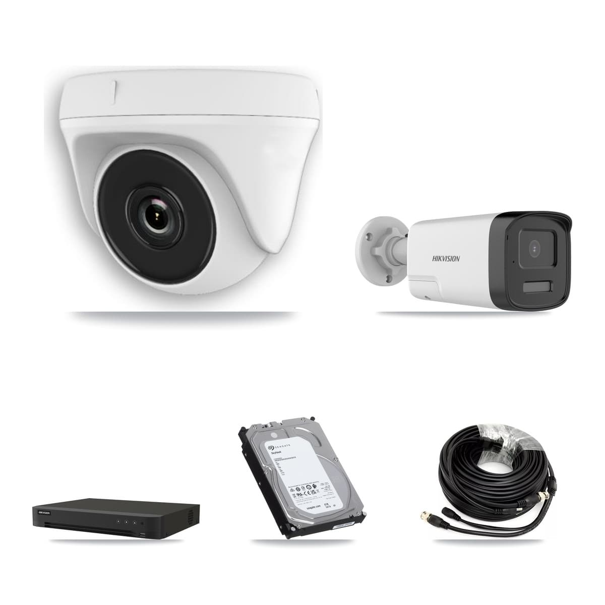Hikvision 16-Channel 2MP – 5MP CCTV Kit — 1 DS-2CE17K0T 5MP Bullet + 7 White HDT-2MP-N20W 2MP Dome Cameras + 6TB Recording (IDS-7216HQHI Recorder)