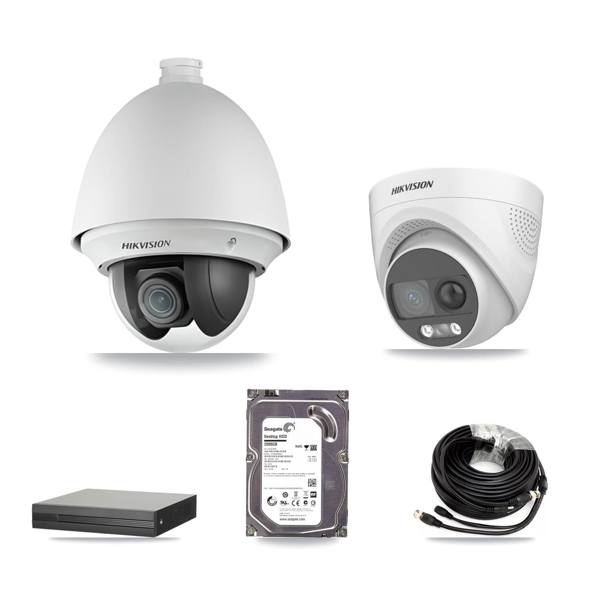 Hikvision 4-Channel 2MP – 5MP CCTV Kit — 1 DS-2AE4225T 2MP PTZ + 1 DS-2CE72KF3T 5MP Turret Cameras + 2TB Recording (XVR-3104HS Recorder)