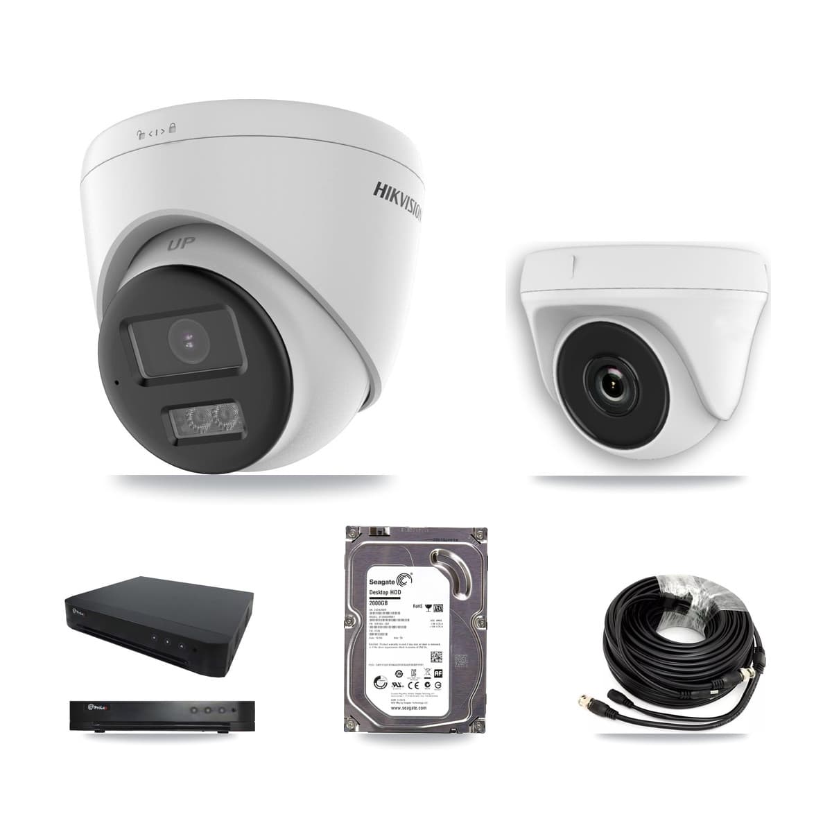 Hikvision & Prolux 16-Channel 2MP – 5MP CCTV Kit — 1 DS-2CE78K0T-LTS 5MP Turret + 1 White HDT-2MP-N20W-2.8MM 2MP Dome Cameras + 2TB Recording (PXD-8216-HYK4MP Recorder) - Image 1
