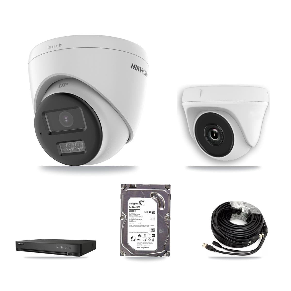 Hikvision 4-Channel 2MP – 5MP CCTV Kit — 1 DS-2CE78K0T-LTS 5MP Turret + 1 White HDT-2MP-N20W-2.8MM 2MP Dome Cameras + 2TB Recording (IDS-7204HQHI-M1/XT Recorder) - Image 1
