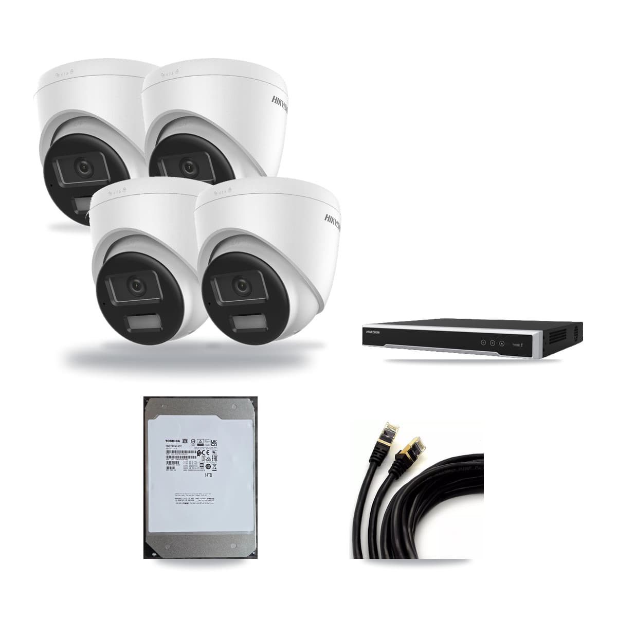 Hikvision 8-Channel 4K CCTV Kit — 4 DS-2CD1383G2-LIUF/SL Turret Cameras + 14TB Recording (DS-7608NI-M2/8P Recorder) - Image 1