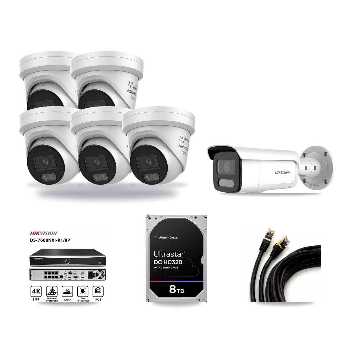 Hikvision 8-Channel 4MP CCTV Kit — 5 DS-2CD2347G3 Turret + 1 DS-2CD2T47G2H Bullet Cameras + 8TB Recording - Image 1