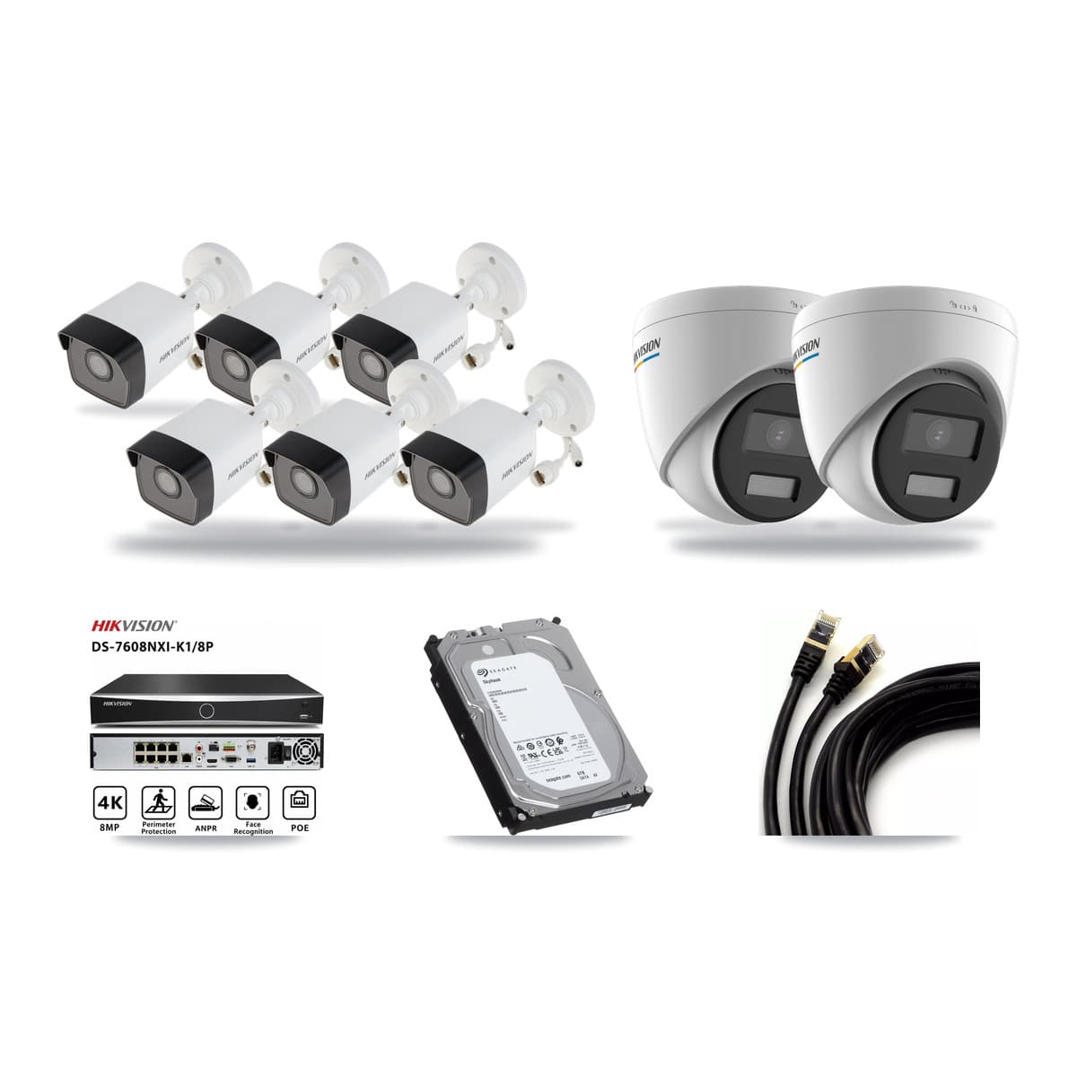 Hikvision 8-Channel 2MP – 5MP CCTV Kit — 6 5MP Bullet + 2 2MP Turret Cameras + 6TB Recording (DS-7608NXI Recorder) - Image 1