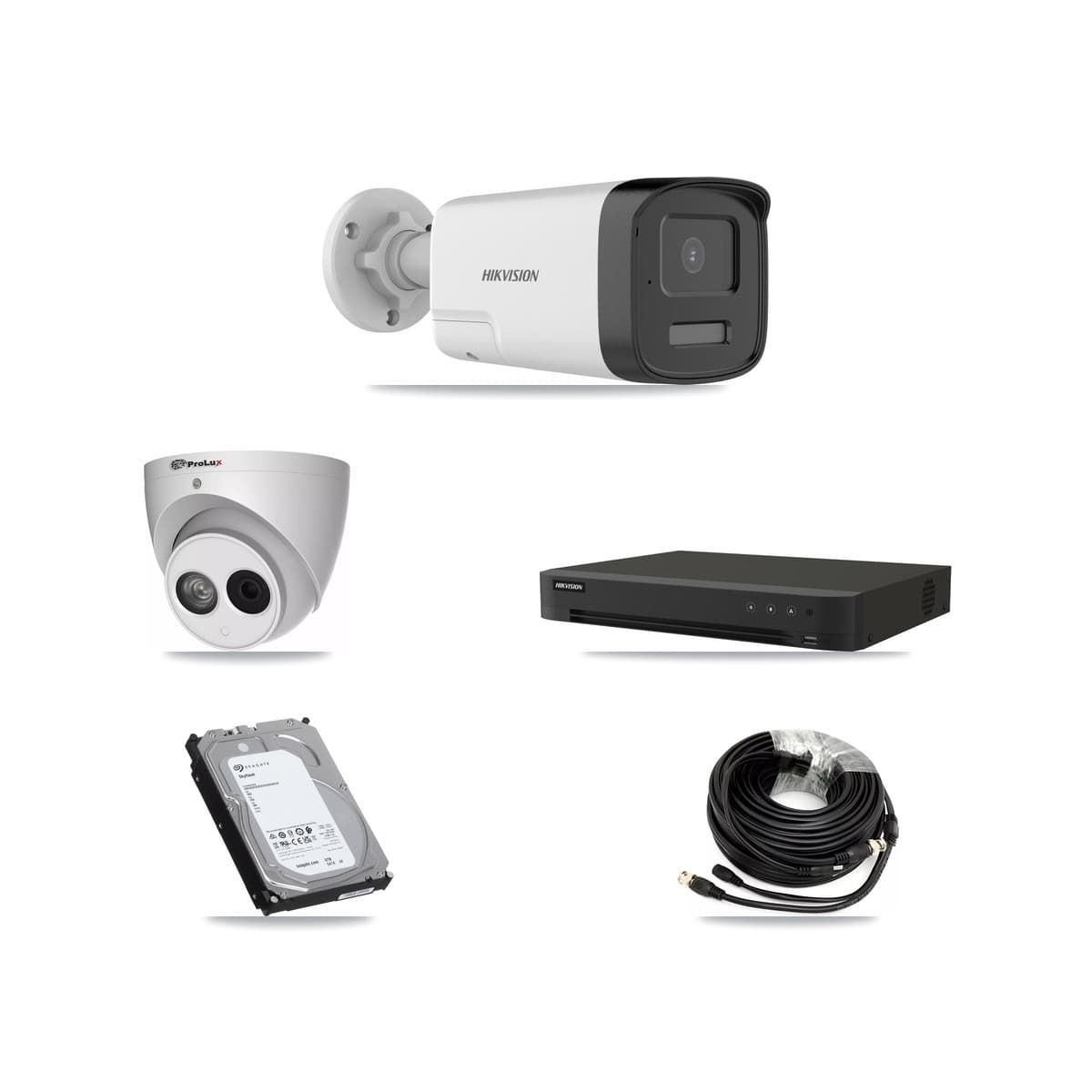 Hikvision & Prolux 8-Channel 4MP – 5MP CCTV Kit — 4 DS-2CE17K0T-LXTS 5MP Bullet + 1 PXC-612C4W-A-POC 4MP Turret Cameras + 6TB Recording (IDS-7208HUHI-M1/XT Recorder)