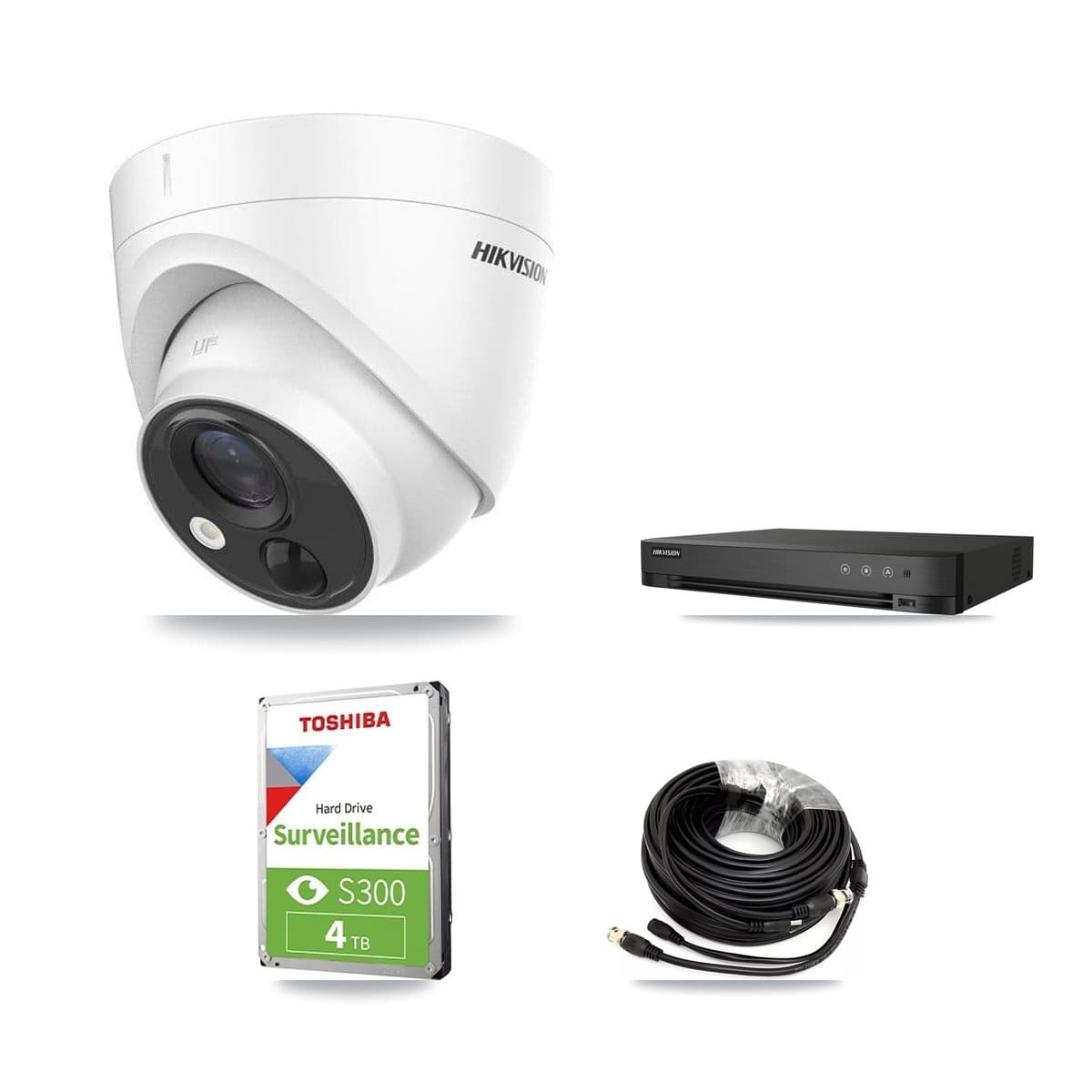 Hikvision 4-Channel 5MP CCTV Kit — 3 DS-2CE71H0T Turret Cameras + 4TB Recording (DS-7204HUHI Recorder)