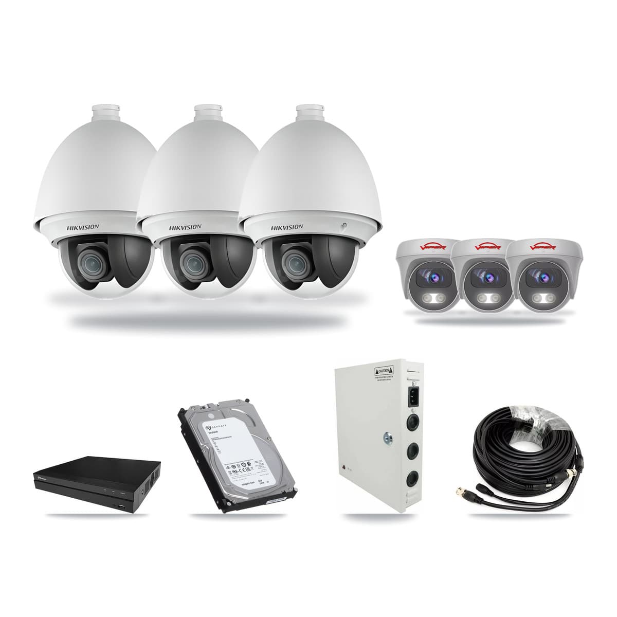 8-Channel 2MP – 5MP CCTV Kit — 3 DS-2AE4225T 2MP PTZ + 3 White VIPER-5MP-3K 5MP Cameras + 6TB Recording - Image 1