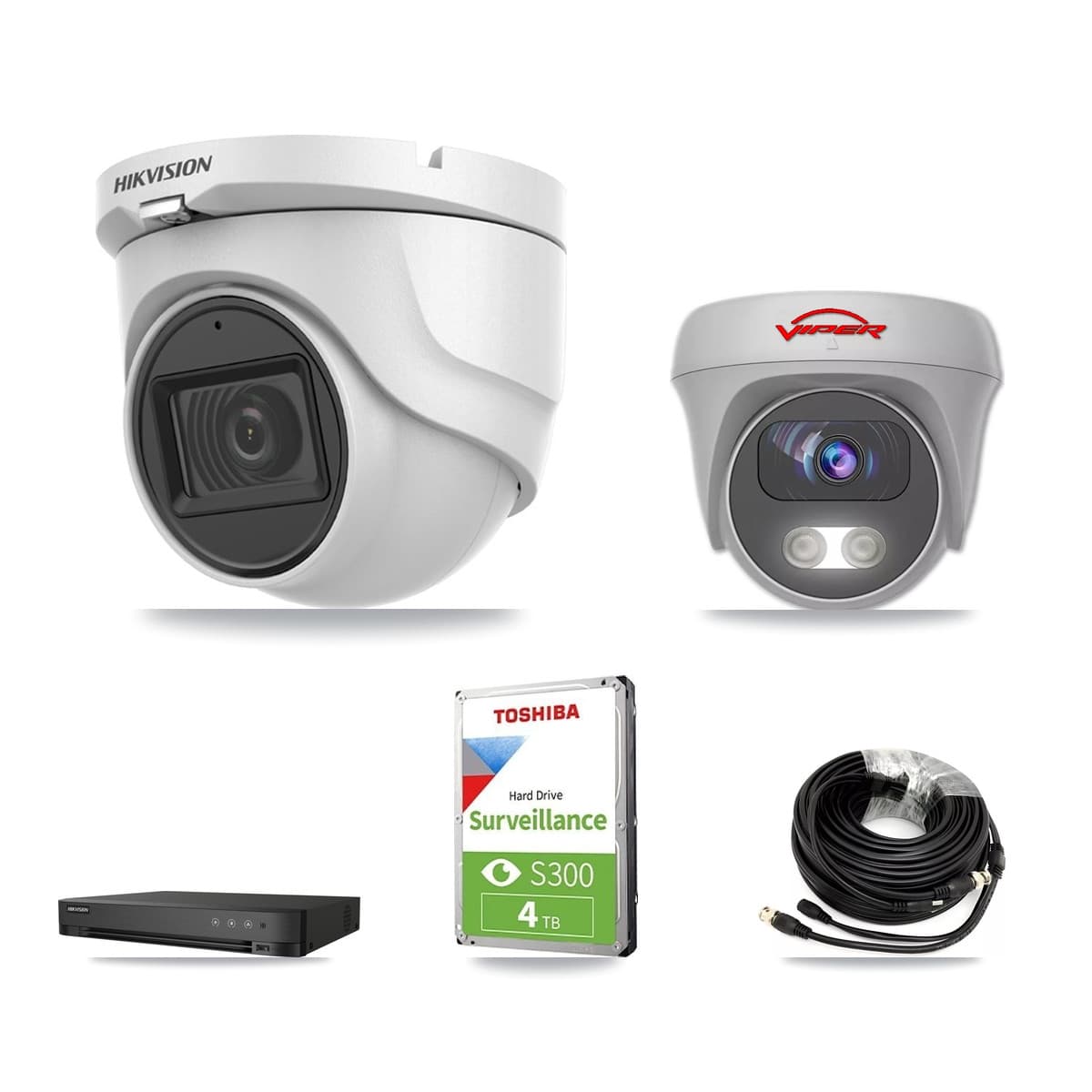 Hikvision & Viper 4-Channel 5MP CCTV Kit — 2 DS-2CE76H0T Turret + 1 White VIPER-5MP-3K Cameras + 4TB Recording (IDS-7204HQHI Recorder) - Image 1