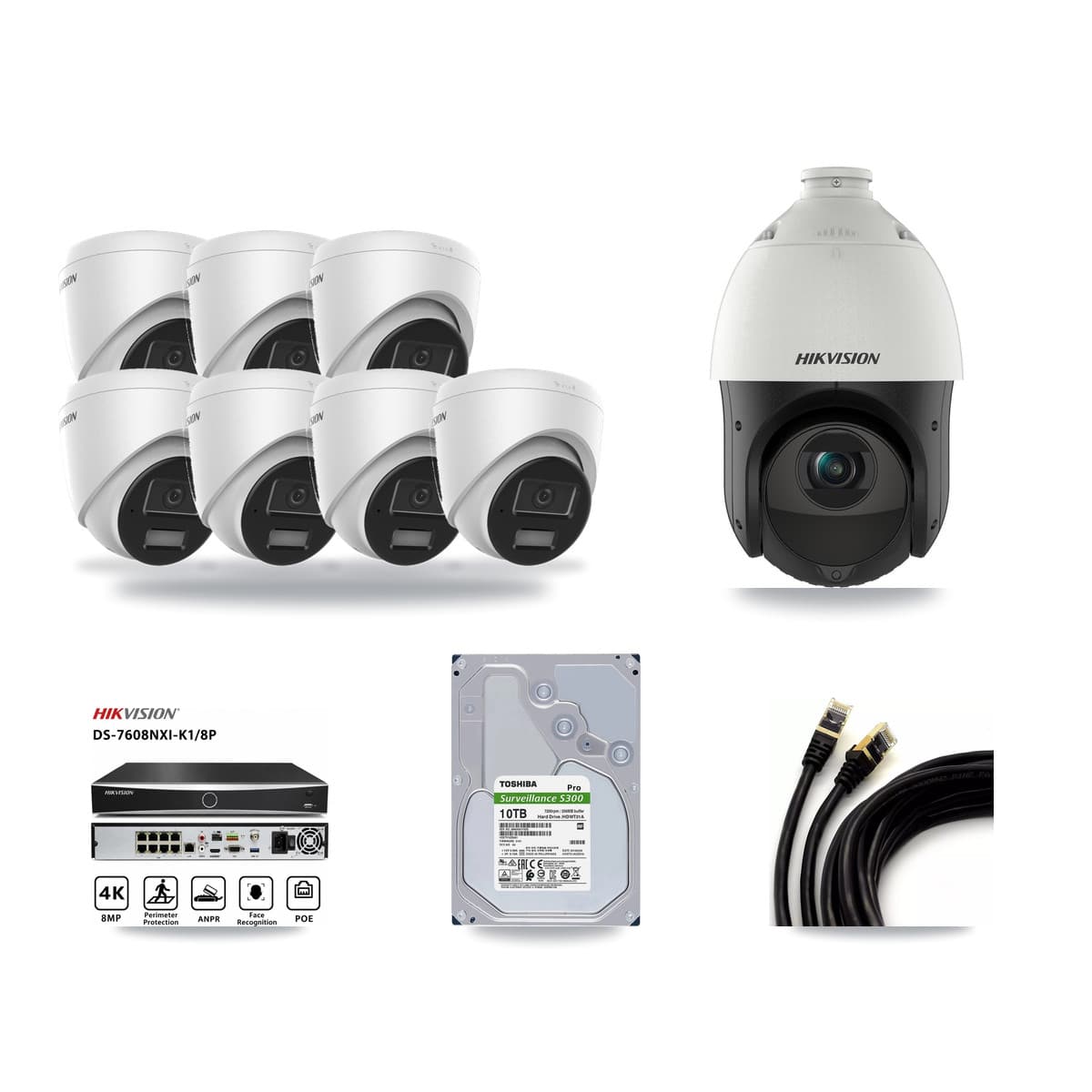 Hikvision 8-Channel 4MP CCTV Kit — 7 Turret + 1 PTZ Cameras + 10TB Recording - Image 1