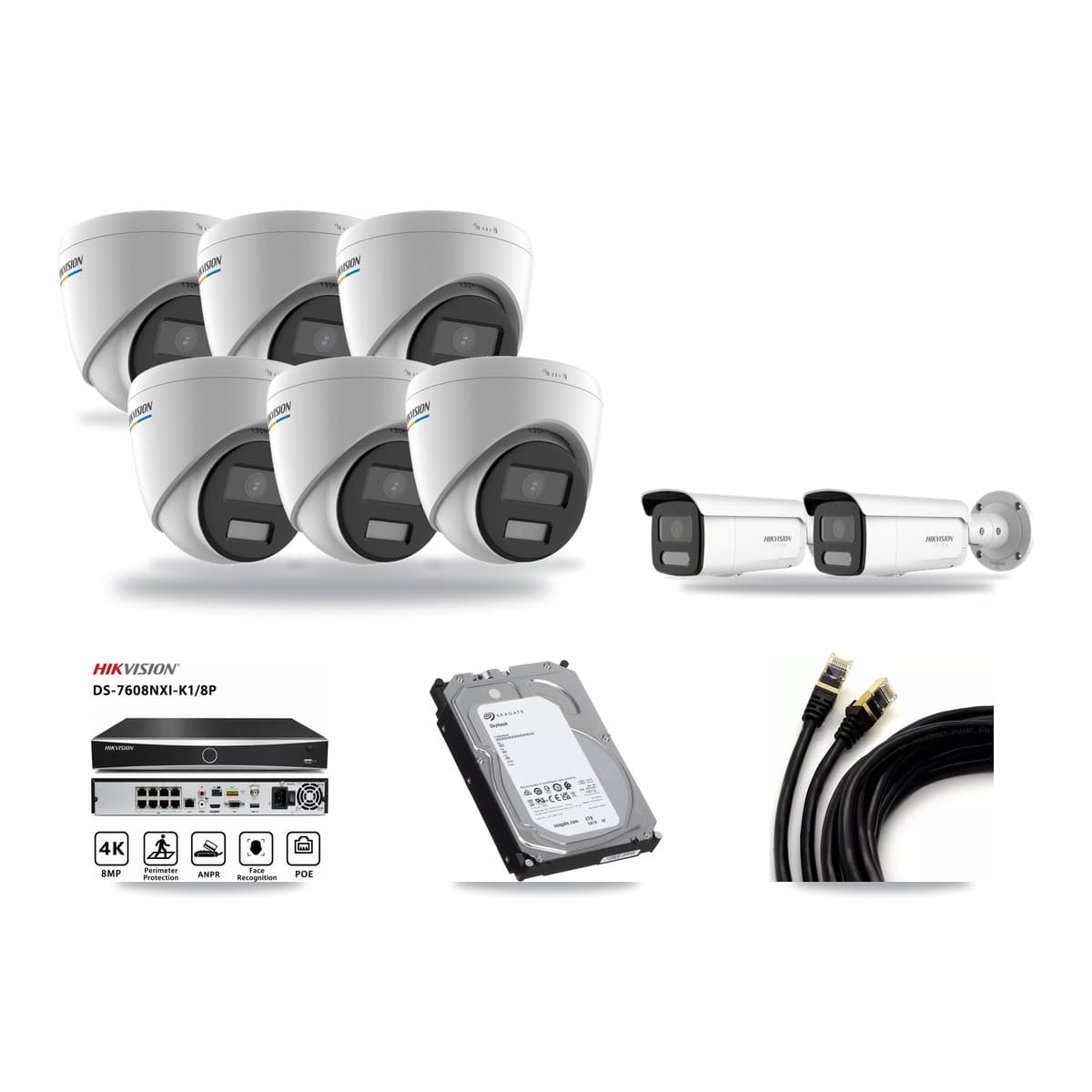 Hikvision 8-Channel 2MP – 4K CCTV Kit — 6 2MP Turret + 2 White 4K Bullet Cameras + 6TB Recording (DS-7608NXI Recorder) - Image 1